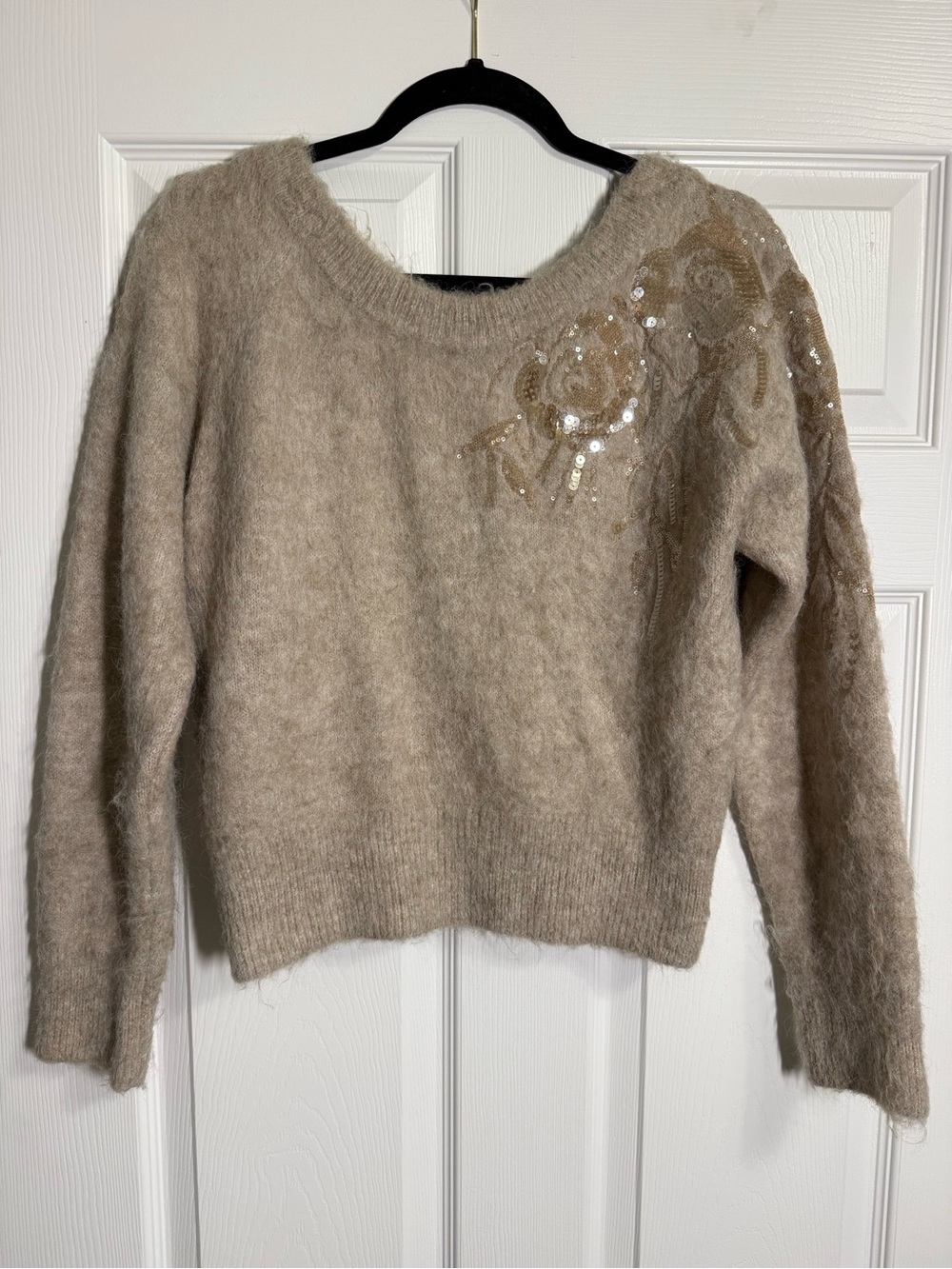 White House Black Market Beige Sequin Floral Crewneck Sweater